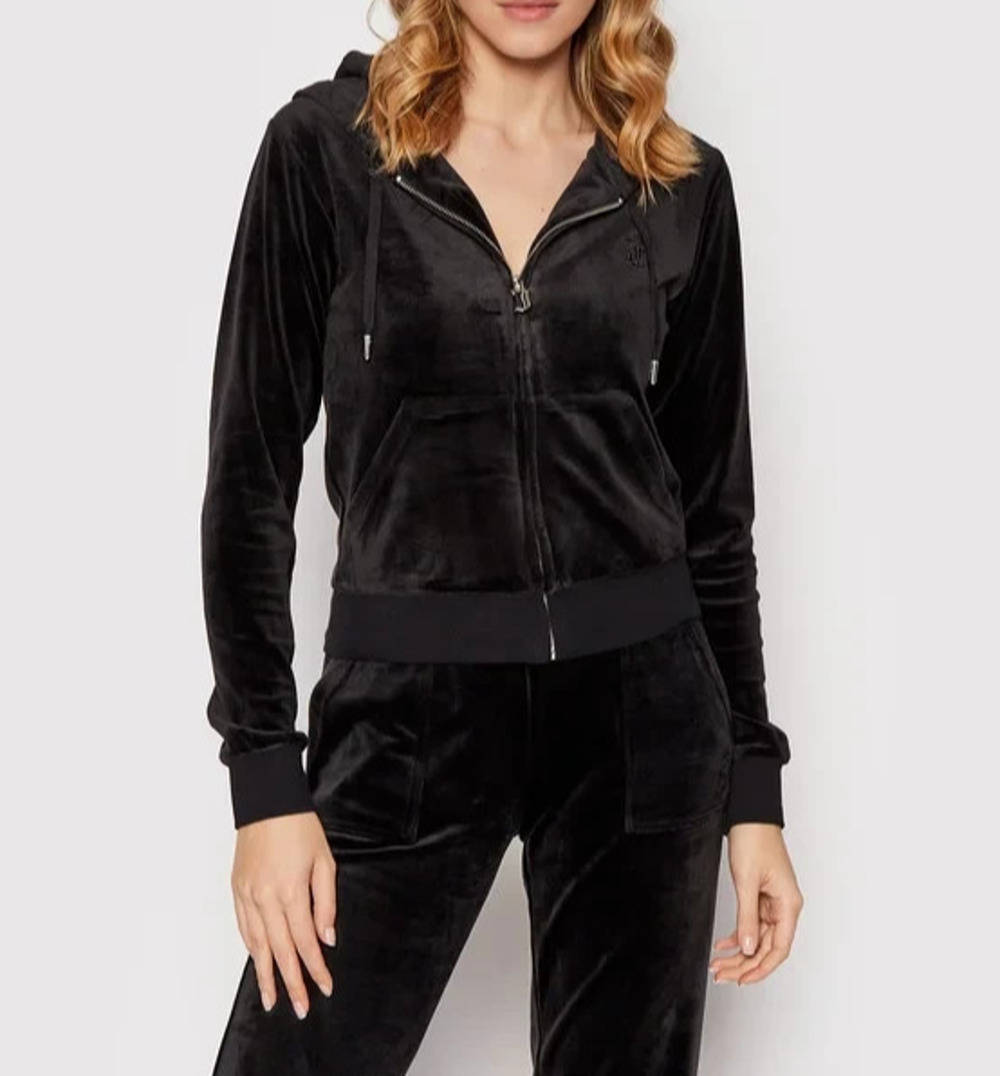 Juicy Couture Black Velour Full Zip Hooded Hoodie Y2K Rhinestone Logo XL A011217